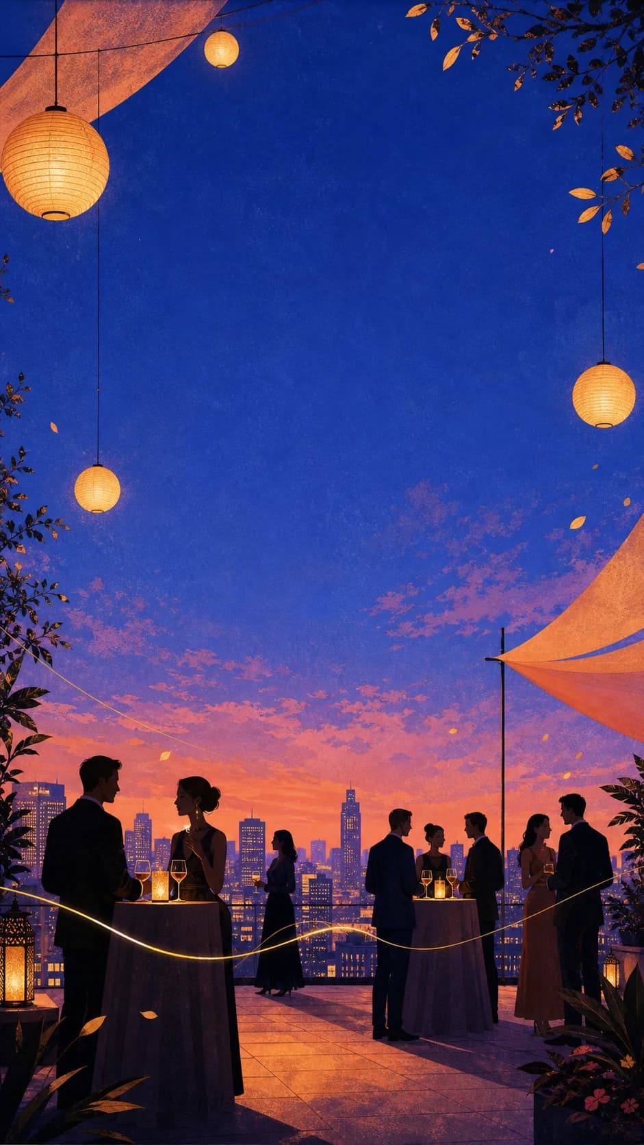 Guests gathering on a rooftop after dark