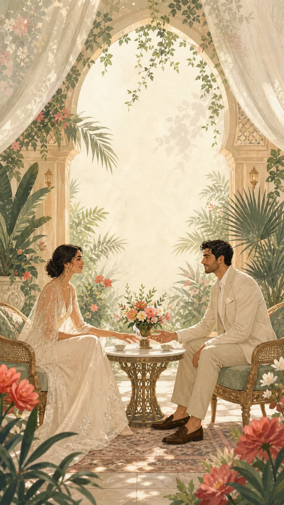 A bright garden salon prepared for two