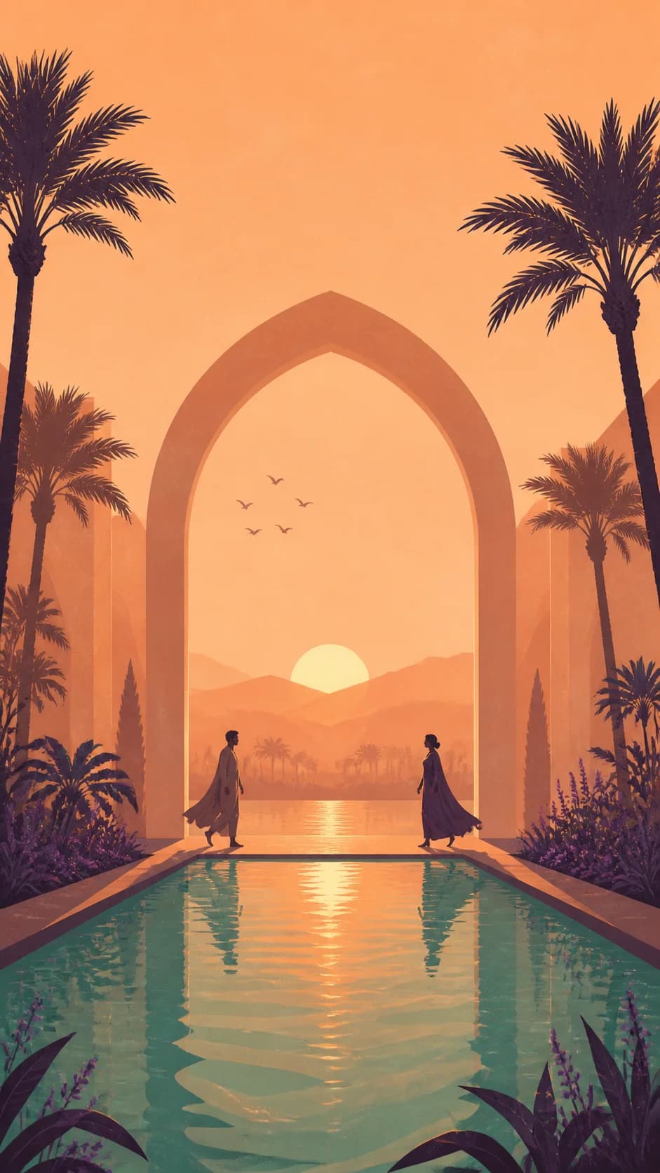 Two people meeting beneath a sunset arch