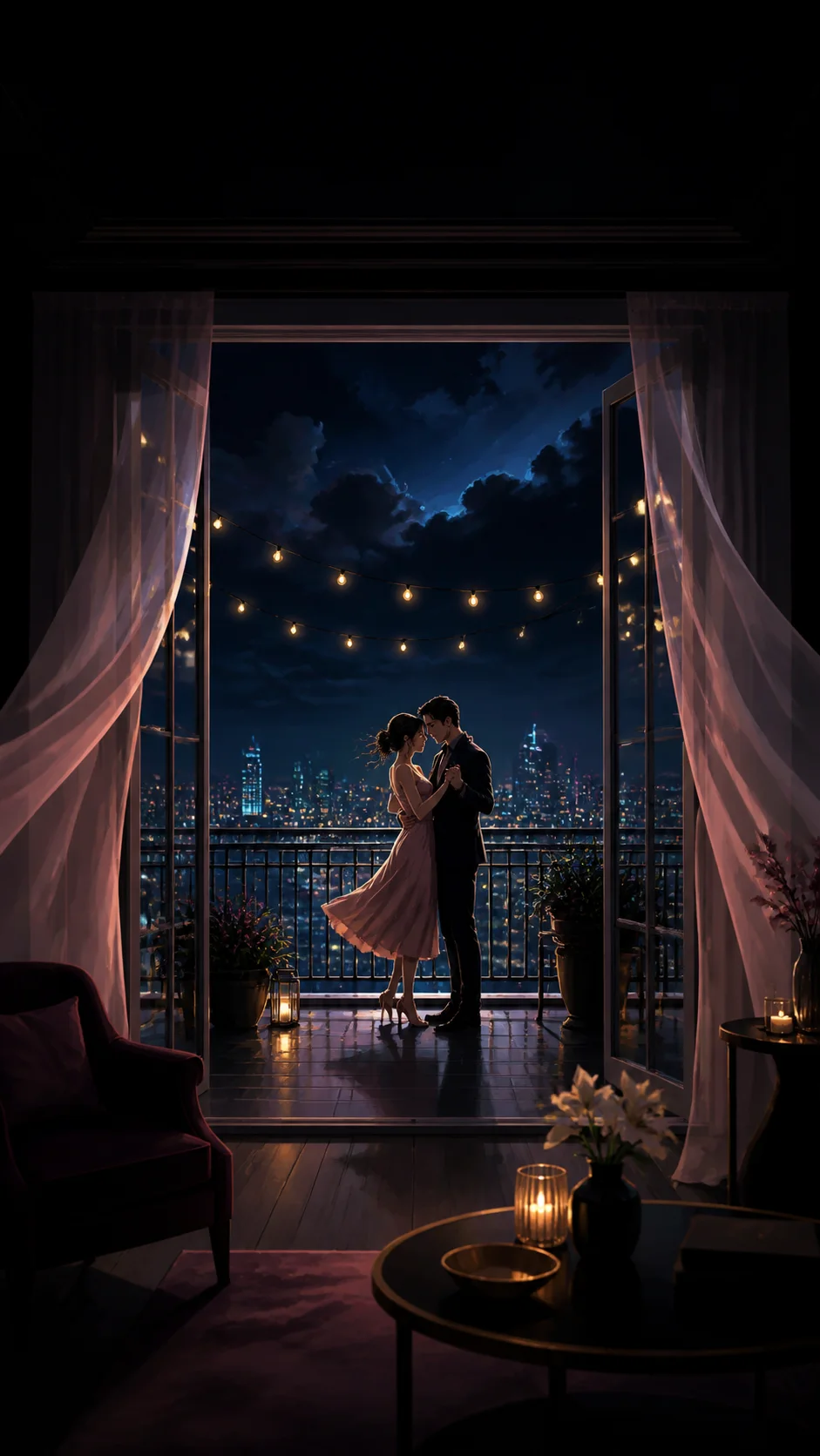 A couple dancing on a balcony beneath city lights