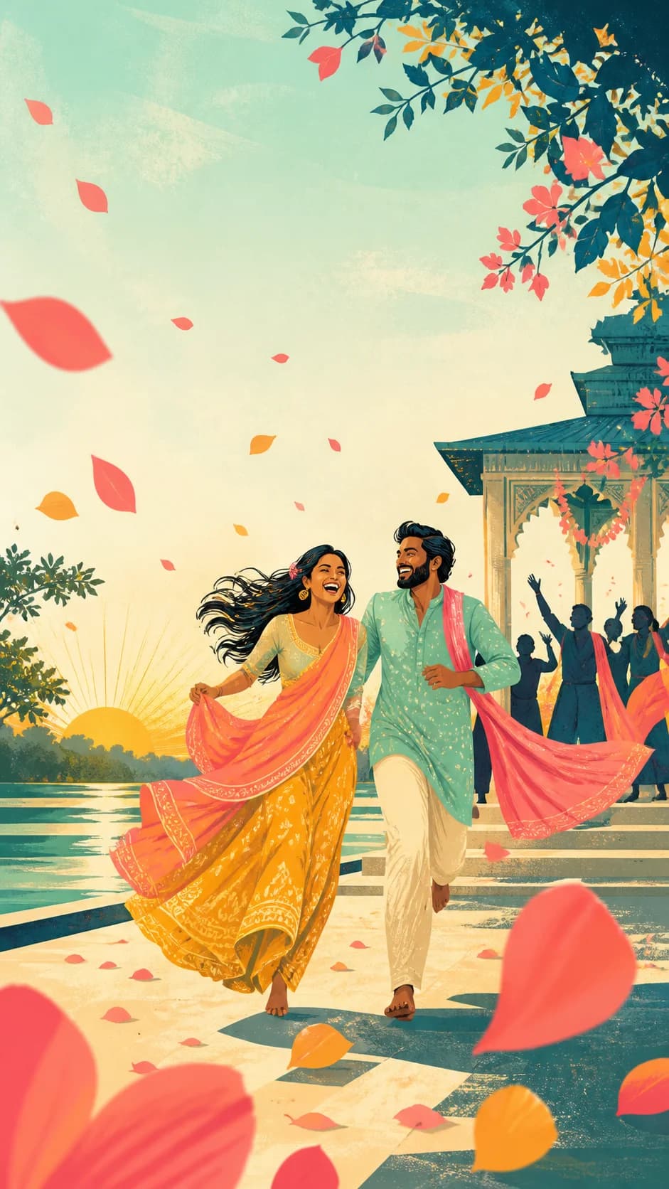A joyful couple running through a sunlit celebration
