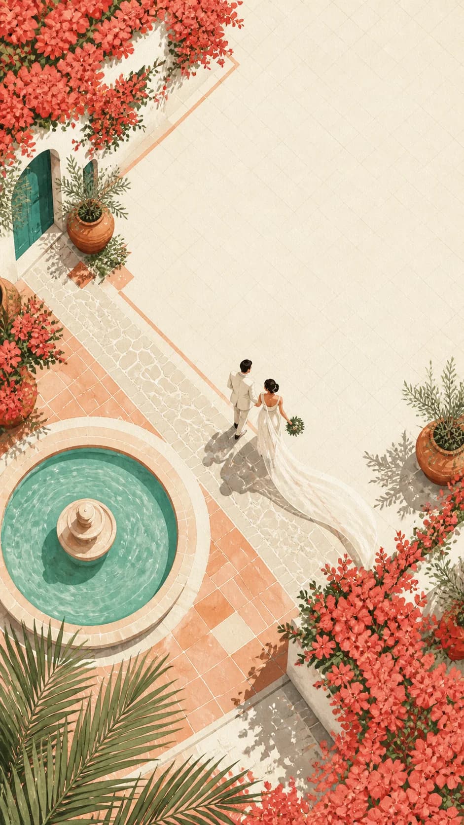 Bougainvillea courtyard prepared for a wedding