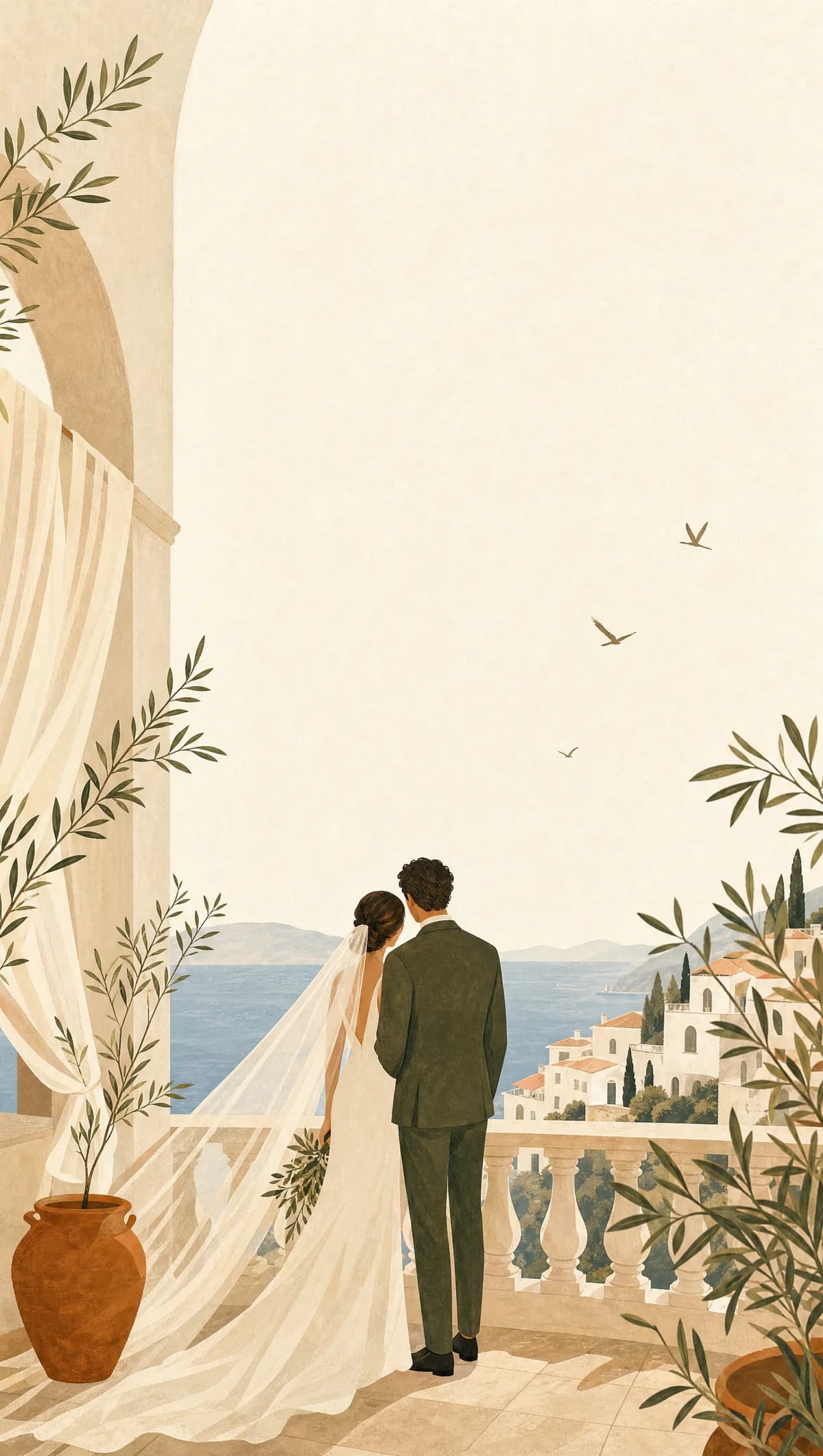 Newlyweds overlooking the Mediterranean