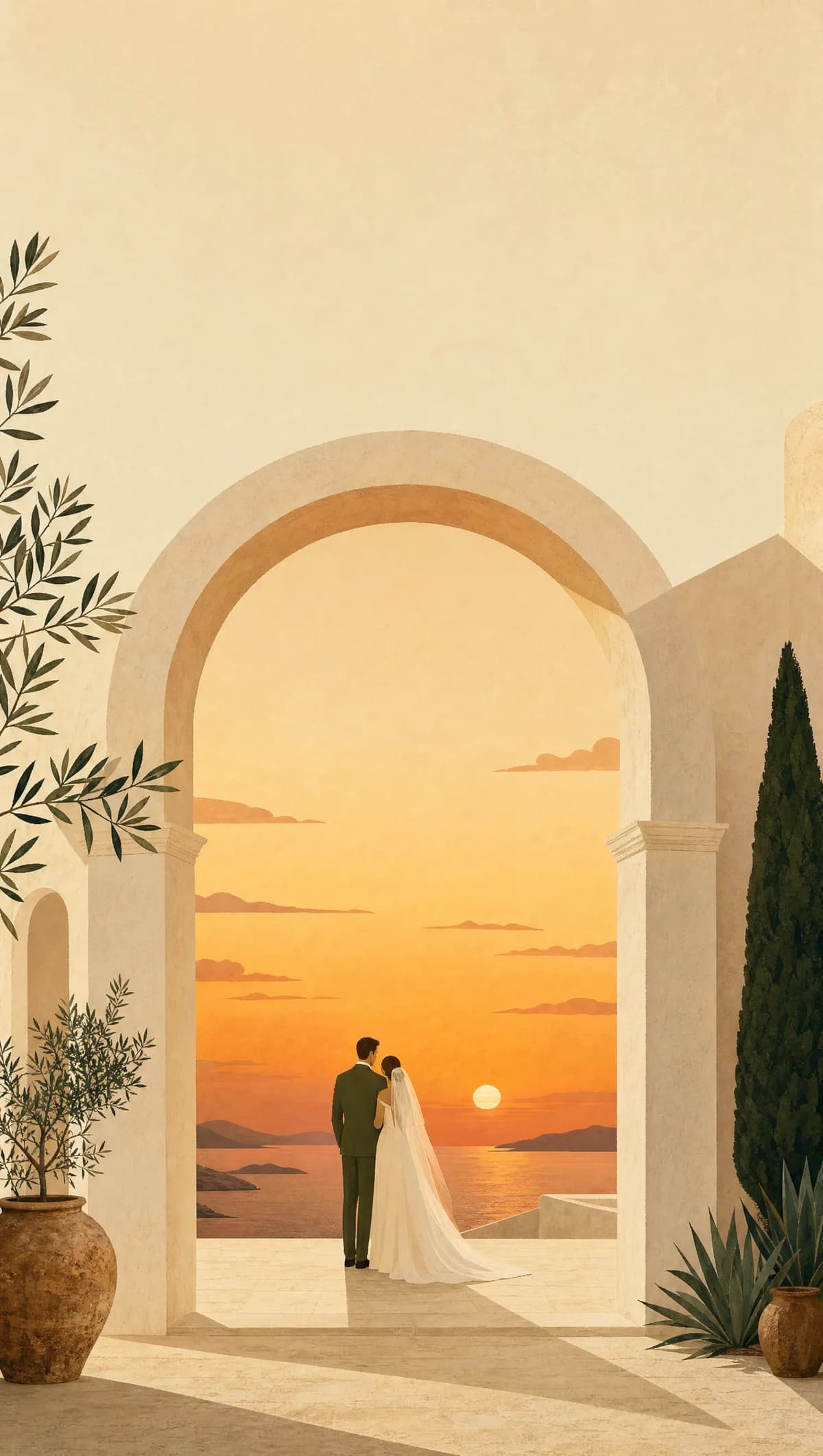 Couple standing beneath a sunset arch