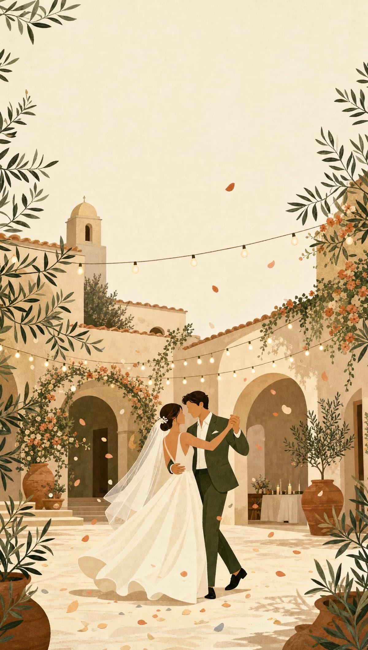 Newlyweds dancing in a Mediterranean courtyard