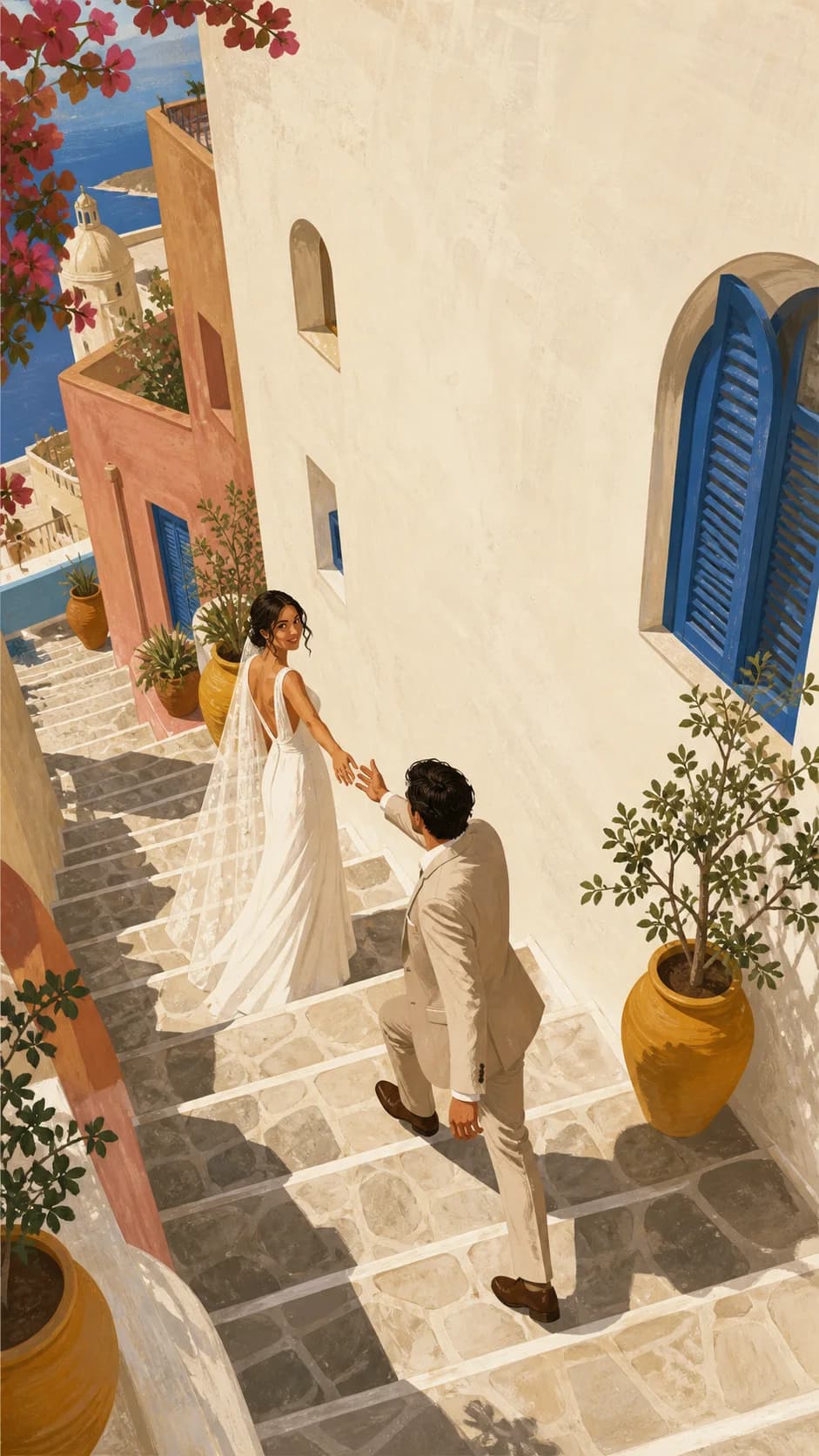 A quiet wedding walk through a Mediterranean stairway