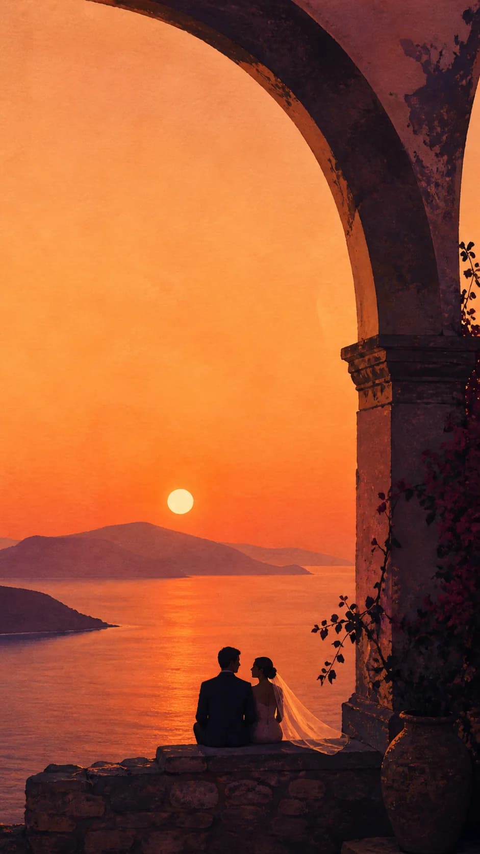 Mediterranean wedding arch at sunset