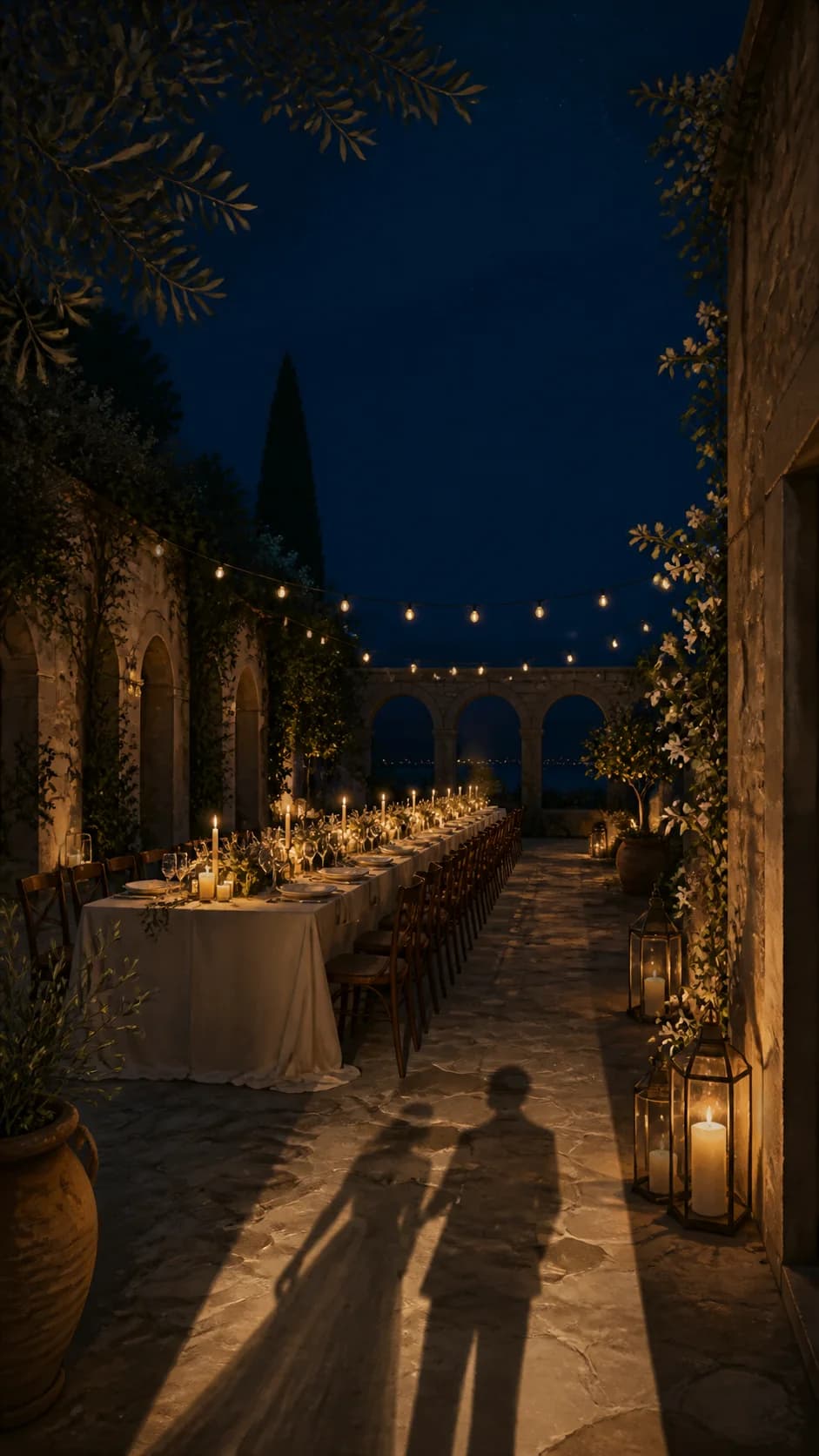 Candlelit courtyard dinner prepared for wedding guests